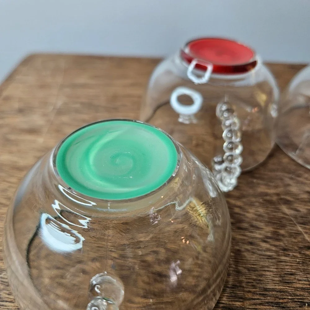 Set of 4 Hand Blown Glass Tea Cups Hobnail‎ Handles Multicolor Base Bohemian Vtg
